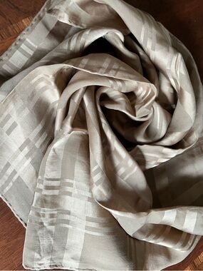 Beige Plaid Silk-Like Scarf 22“ x 22“ striped sheer